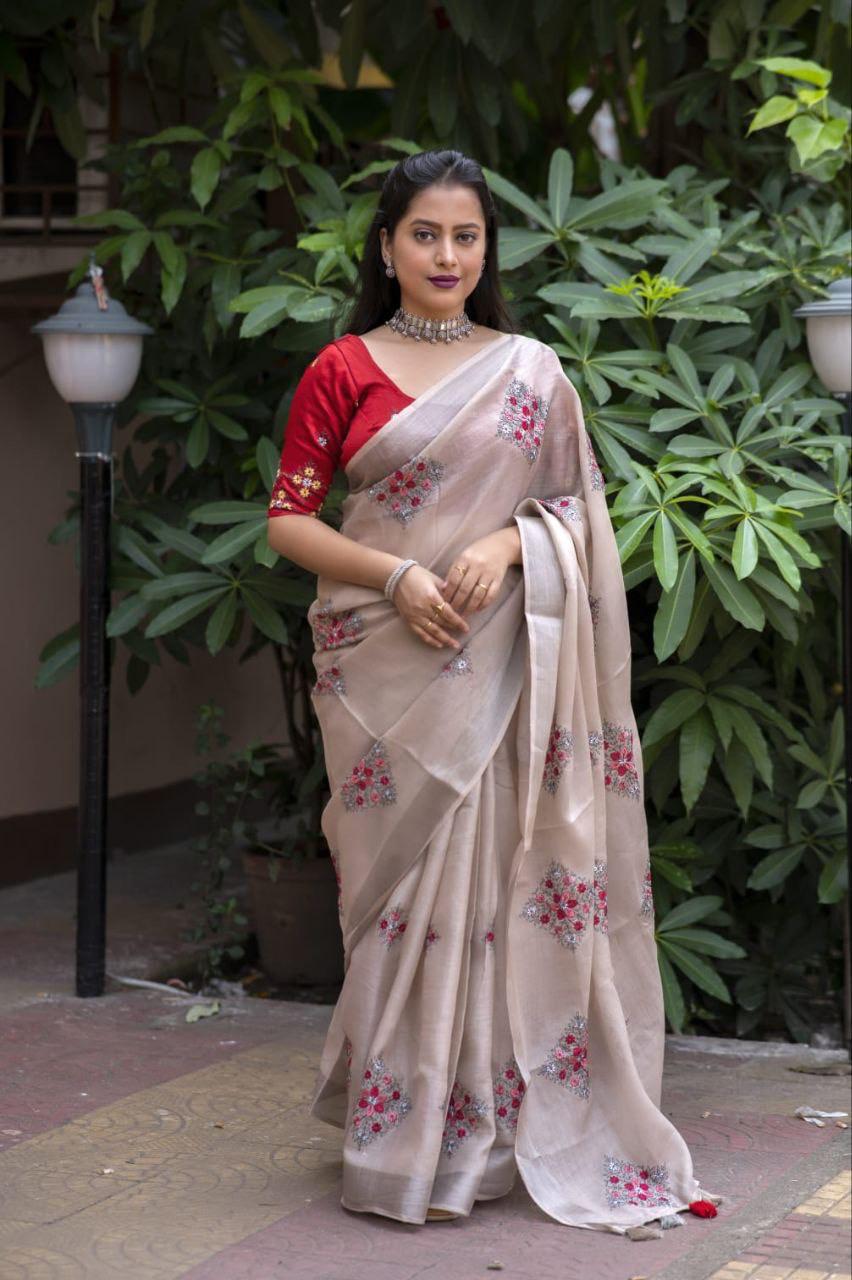 Embroidery Linen Saree with Silver Zari Weaving Pattu